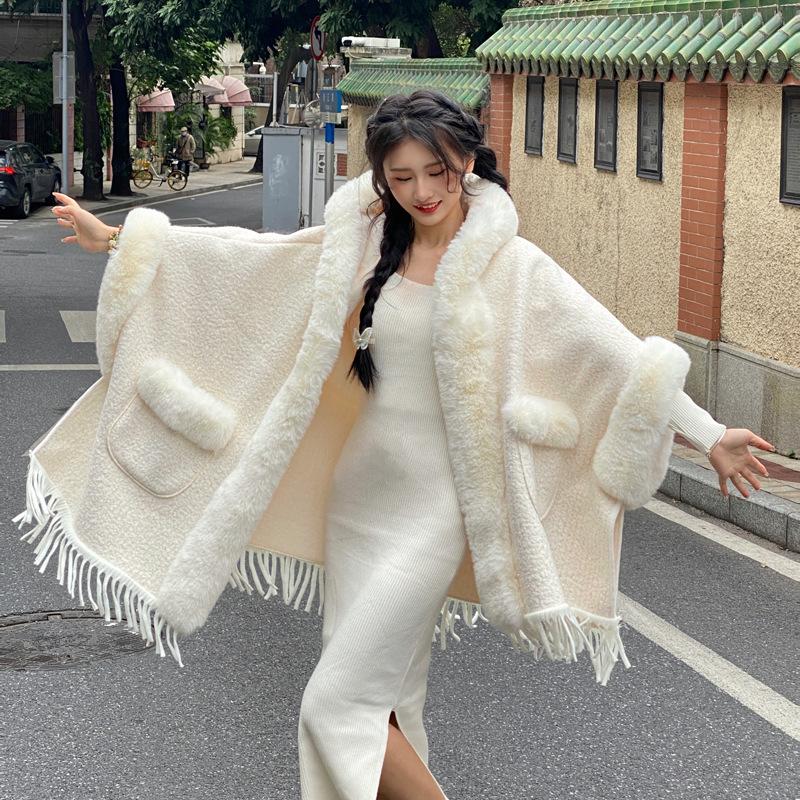 Средняя и длинная утолщенная термонакидка-шаль с бахромой, большой меховой воротник, капюшон, плюшевый твидовый жакет, карманная шаль One Size