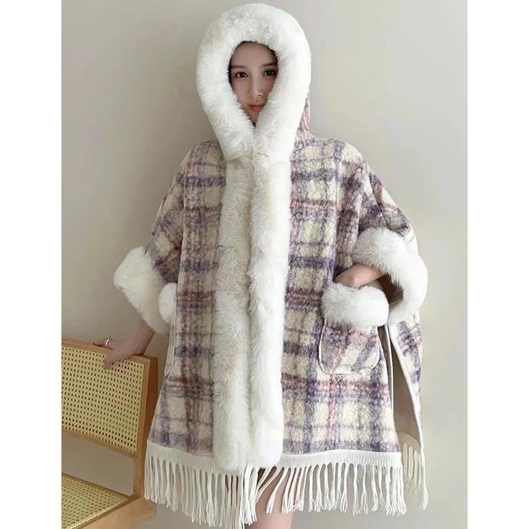 Средняя и длинная утолщенная термонакидка-шаль с бахромой, большой меховой воротник, капюшон, плюшевый твидовый жакет, карманная шаль One Size