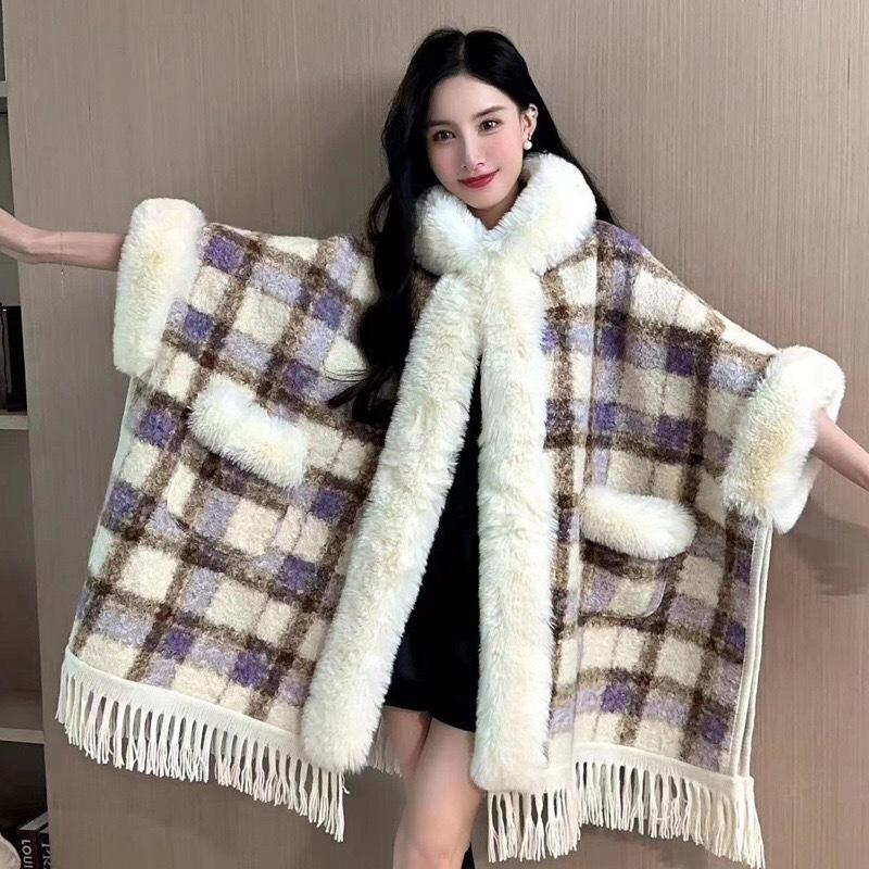 Средняя и длинная утолщенная термонакидка-шаль с бахромой, большой меховой воротник, капюшон, плюшевый твидовый жакет, карманная шаль One Size