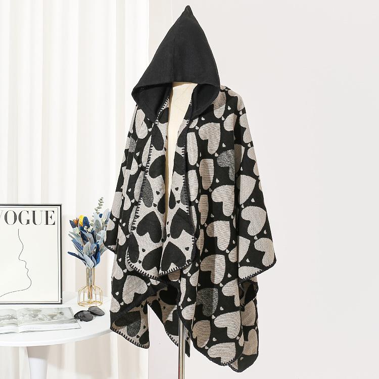 Вязаная шаль с разрезом, термонакидка с капюшоном, накидка, вязаная шаль для женщин 130*150CM чёрный