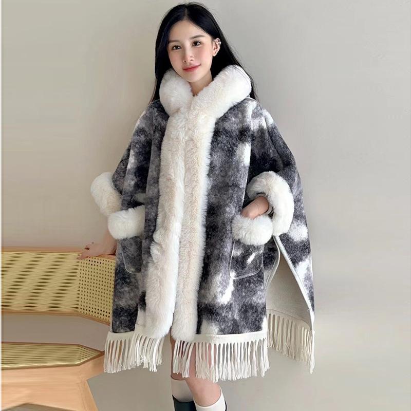 Средняя и длинная утолщенная термонакидка-шаль с бахромой, большой меховой воротник, капюшон, плюшевый твидовый жакет, карманная шаль One Size